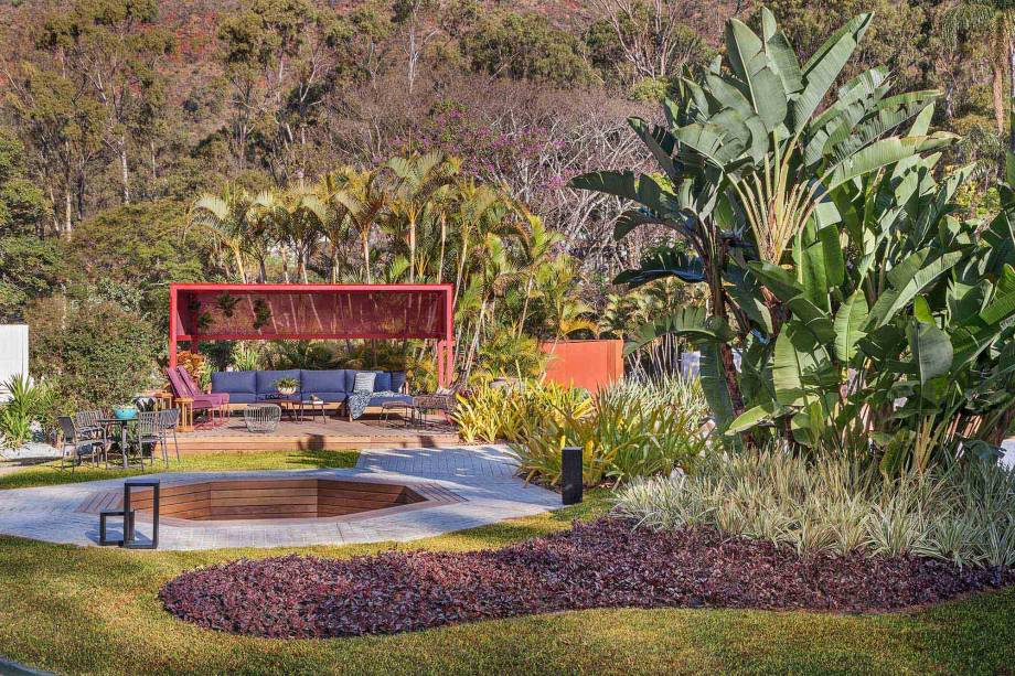 CASACOR Minas Gerais 2019. Andreia Campolina - Jardim Contemplação. Com vista para a Serra do Curral e ladeado por uma piscina curvilínea, é fácil entender o nome do jardim. Suas formas e texturas homenageiam o estilo de Niemeyer e de Burle Marx. Bromélias, neoreglelias e dianelas em amarelo e roxo contornam e ladeiam o caminho, que segue o formato orgânico da piscina.